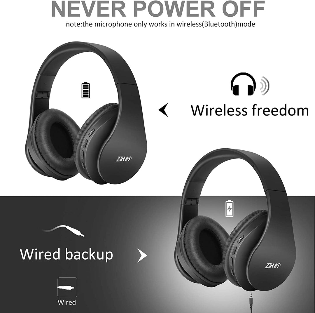 Bluetooth Headphones Over-Ear, Foldable Wireless and Wired Stereo Headset Micro SD/TF, FM for Cell Phone,Pc,Soft Earmuffs &Light Weight for Prolonged Wearing (Black)