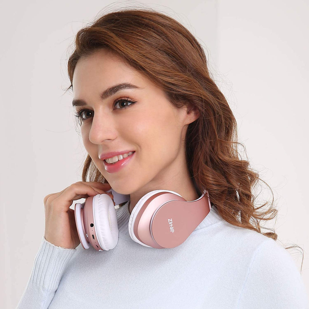 Bluetooth Headphones Over-Ear, Foldable Wireless and Wired Stereo Headset Micro SD/TF, FM for Cell Phone,Pc,Soft Earmuffs &Light Weight for Prolonged Wearing(Rose Gold)