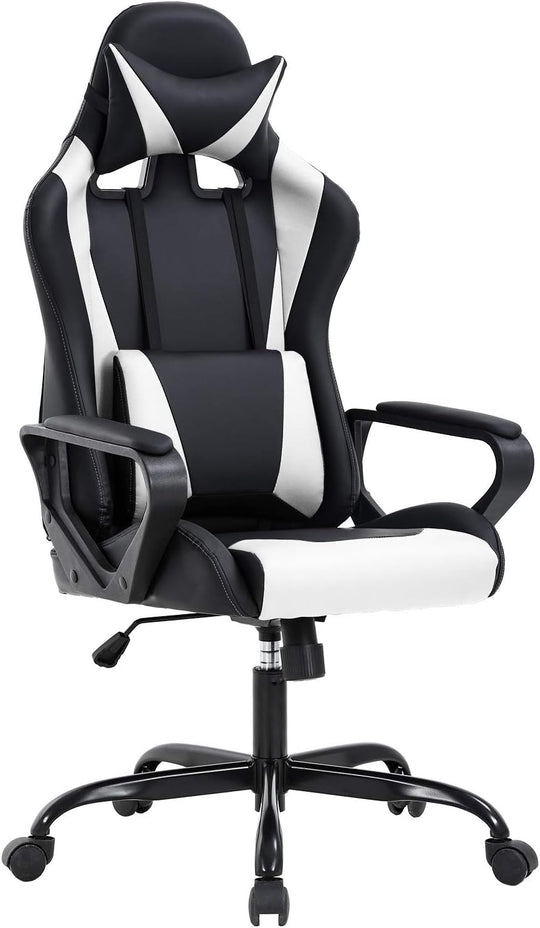 High-Back Gaming Chair PC Office Chair Computer Racing Chair PU Desk Task Chair Ergonomic Executive Swivel Rolling Chair with Lumbar Support for Back Pain Women, Men (White)