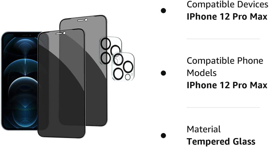 [2+2 Pack] Iphone 12 Pro Max Privacy Screen Protector with Camera Lens Protector Full Coverage Anti-Spy Tempered Glass Film 9H Hardness Upgrade Edge Protection Easy Installation Bubble Free