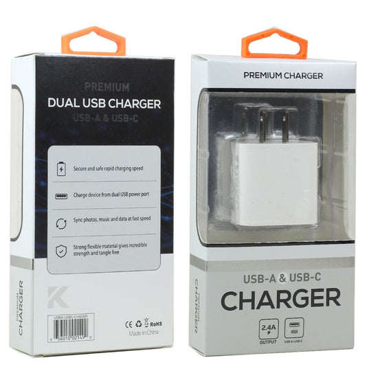 USB-A and USB-C 2.4A Dual 2 Port House Wall Charger