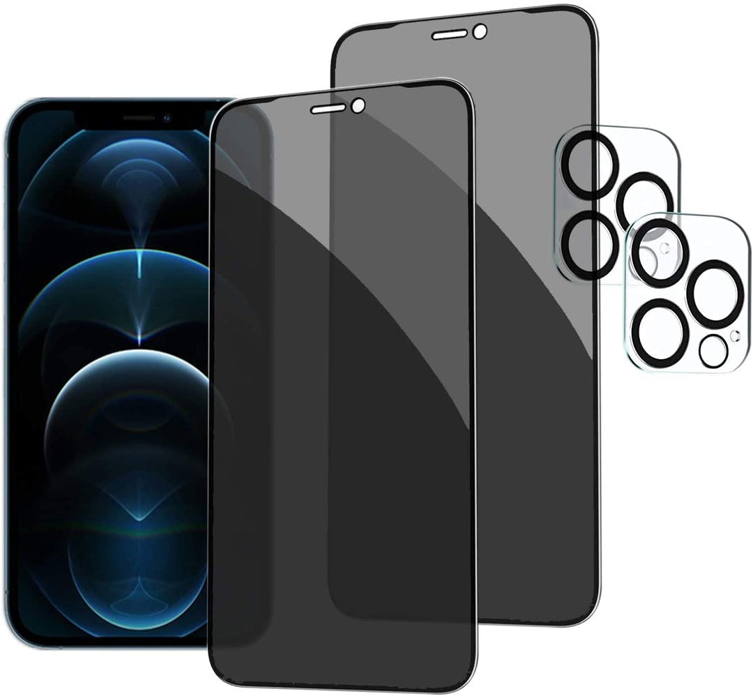 [2+2 Pack] Iphone 12 Pro Max Privacy Screen Protector with Camera Lens Protector Full Coverage Anti-Spy Tempered Glass Film 9H Hardness Upgrade Edge Protection Easy Installation Bubble Free