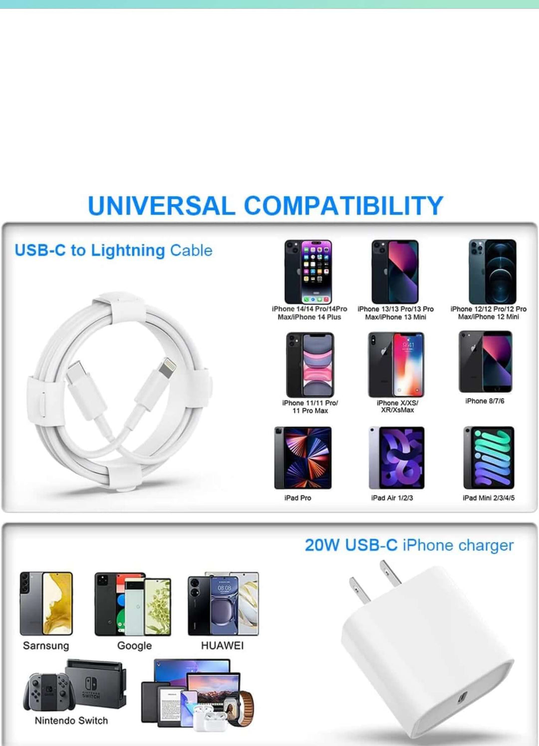 3-Pack iPhone 14 13 12 11 Fast Charger,【Apple MFi Certified】 20W PD USB C